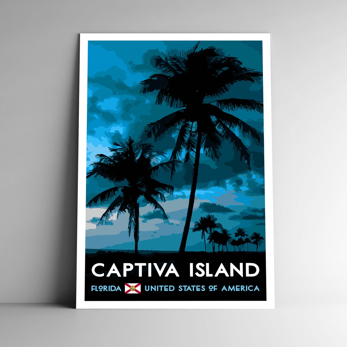 Captiva Island Florida Palm Silhouette Sunset Vintage Travel Poster