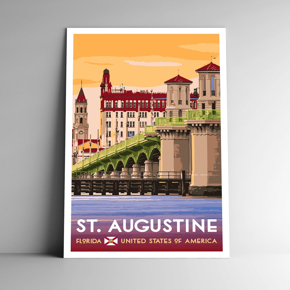 St. Augustine Florida Bridge of Lions Sunset Vintage Travel Poster