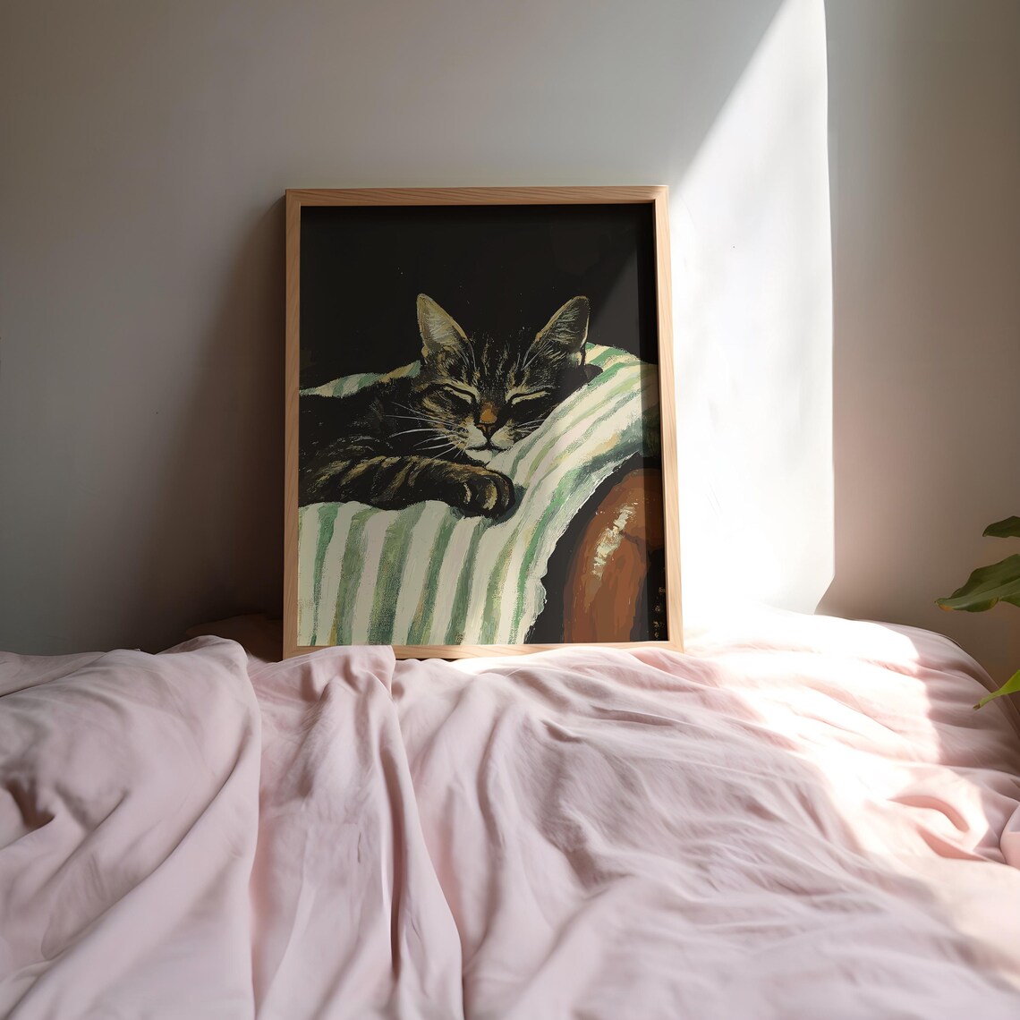 Sleeping Tabby Cat on Striped Cushion Dark Oil Painting Poster - Image 2