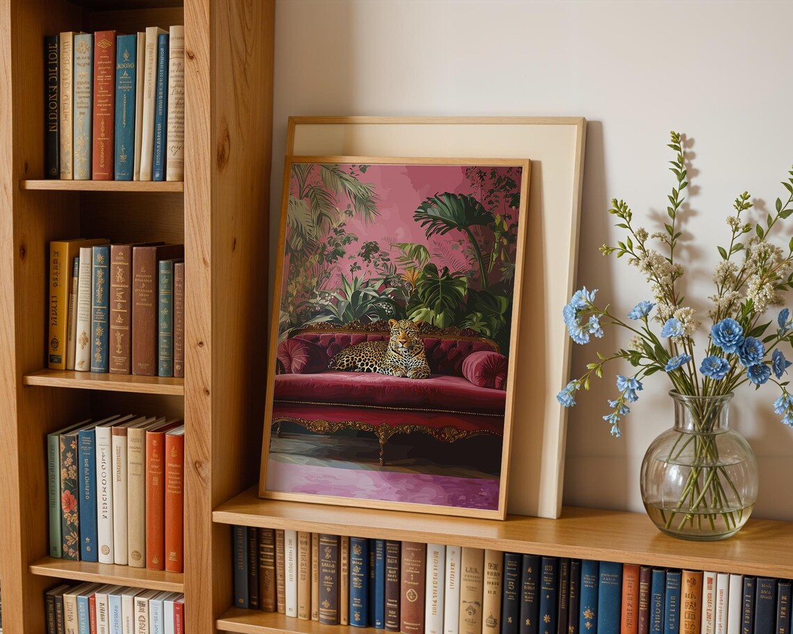 Leopard Lounging On Red Velvet Settee Pink Jungle Art Poster - Image 3