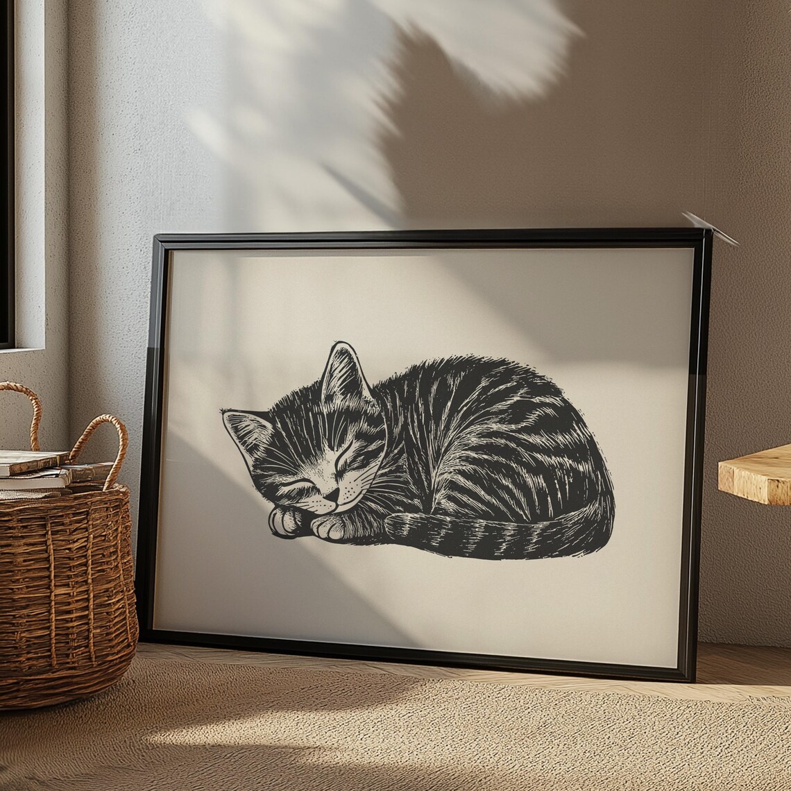 Sleeping Striped Tabby Kitten Curled Up Cozy Ink Sketch Cat Poster - Image 3