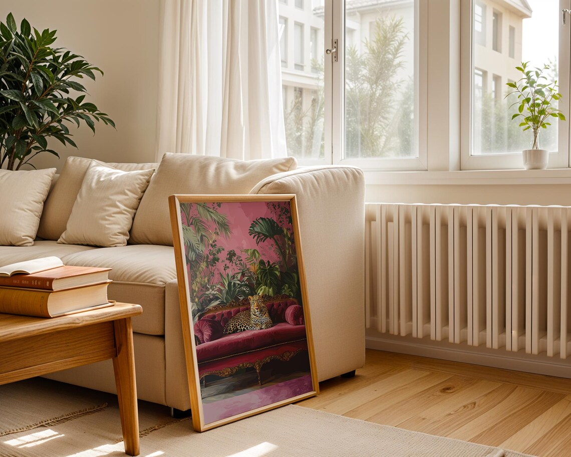 Leopard Lounging On Red Velvet Settee Pink Jungle Art Poster - Image 2