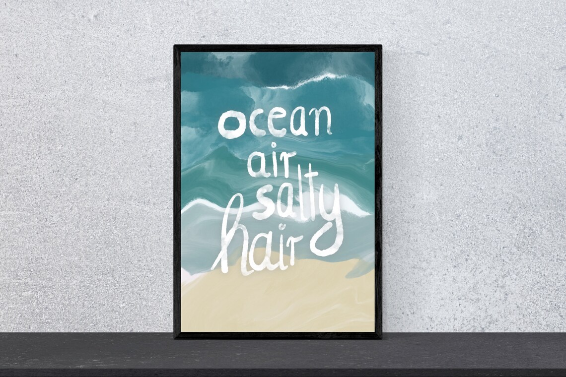 Ocean Air Salty Hair Beach Waves Summer Quote Watercolor Art Poster