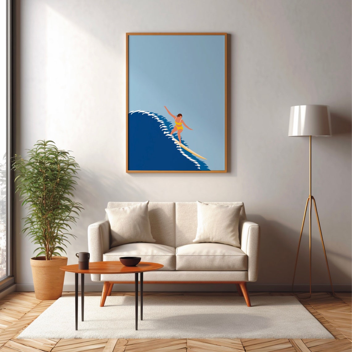Woman Surfer Riding a Big Blue Wave Retro Coastal Beach Art Poster - Image 3