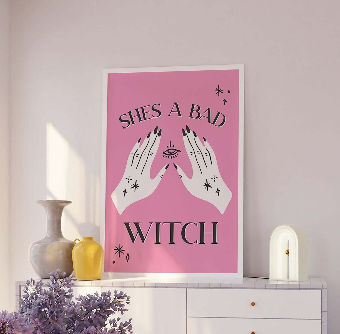 Shes A Bad Witch Print Art Cute Pink Gothic Art Poster Trendy Halloween Wall Art