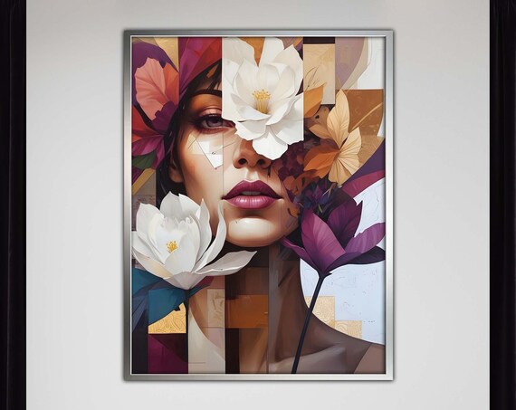 Woman Face With Blossoms Cubist Floral Beauty Artwork Poster