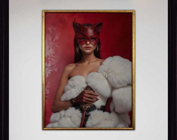 Masked Lady Red Horned Mask White Fur Glamorous Portrait Fashion Art Poster