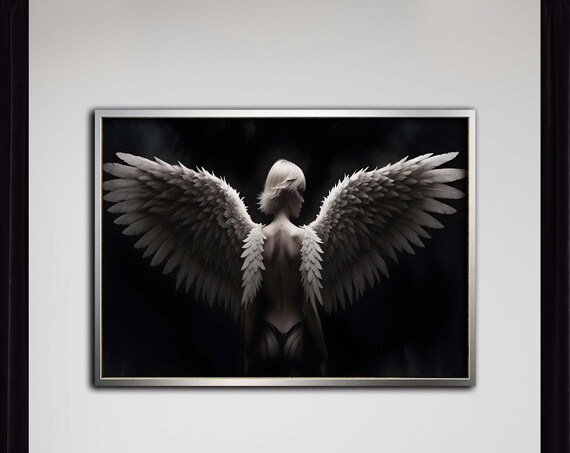 Angel Wings Woman Dramatic Monochrome Portrait Silver Art Poster