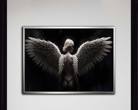 Ethereal Nude Angel Wings Panoramic Canvas Horizontal Serene Female With Spreading Feathers Minimal Monochrome Spiritual Wall Art