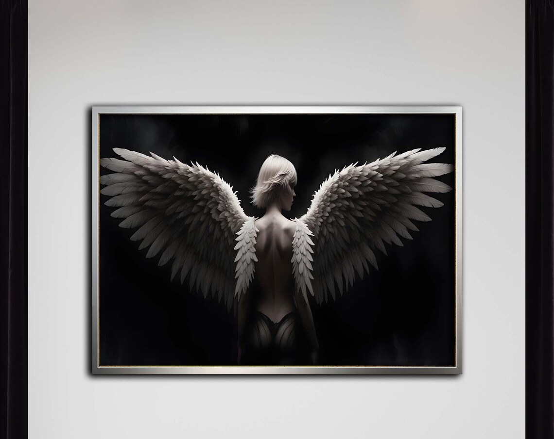 Angel Wings Woman Dramatic Monochrome Portrait Silver Art Poster