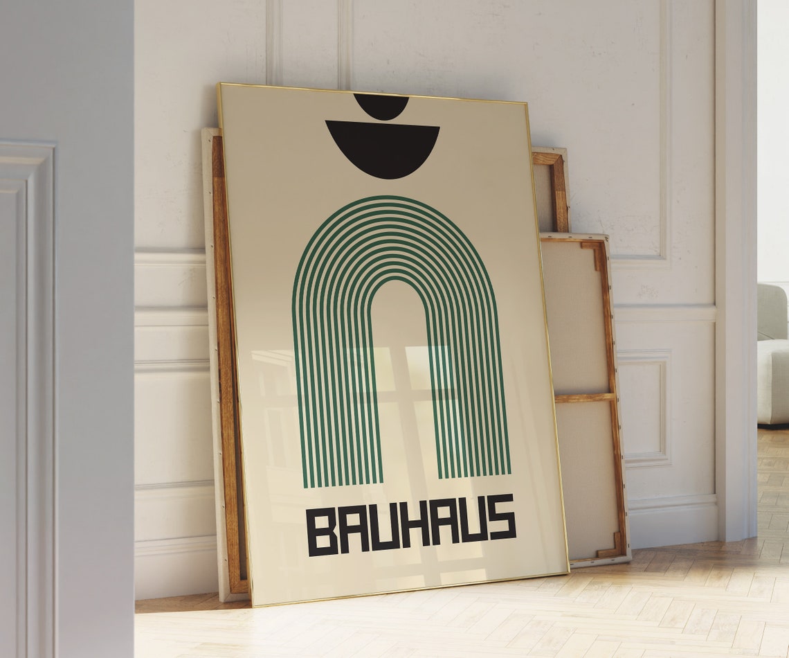 Bauhaus Green Rainbow Arch Line Art Retro Mid Century Wall Art