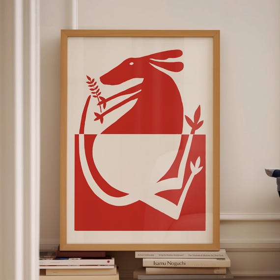 Red Wall Art Unique Red Print Illustration Linocut Art Funky Wall Art Exhibition Wall Art Rabbit Wall Art Extra Large Red Poster