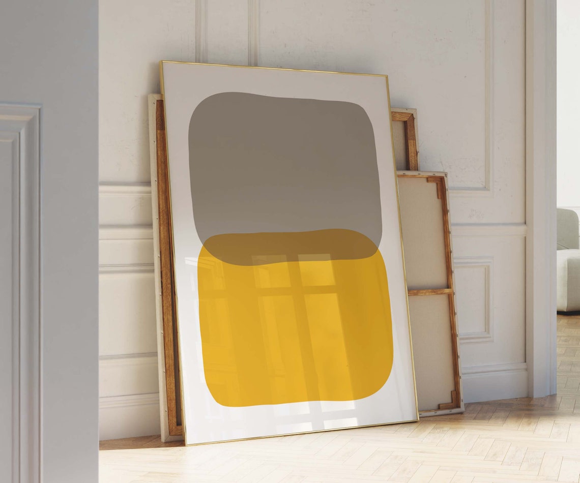 Taupe Grey Mustard Yellow Color Block Abstract Art Wall Print