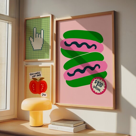 Retro Kitchen Poster Trio Pixel Hand Hot Dog Tomato For Sale