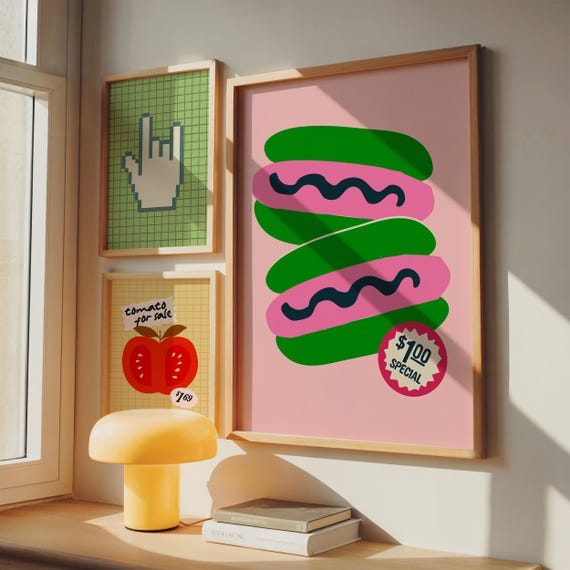 Retro Kitchen Print Set Tomato Pixel Hand Pink Green