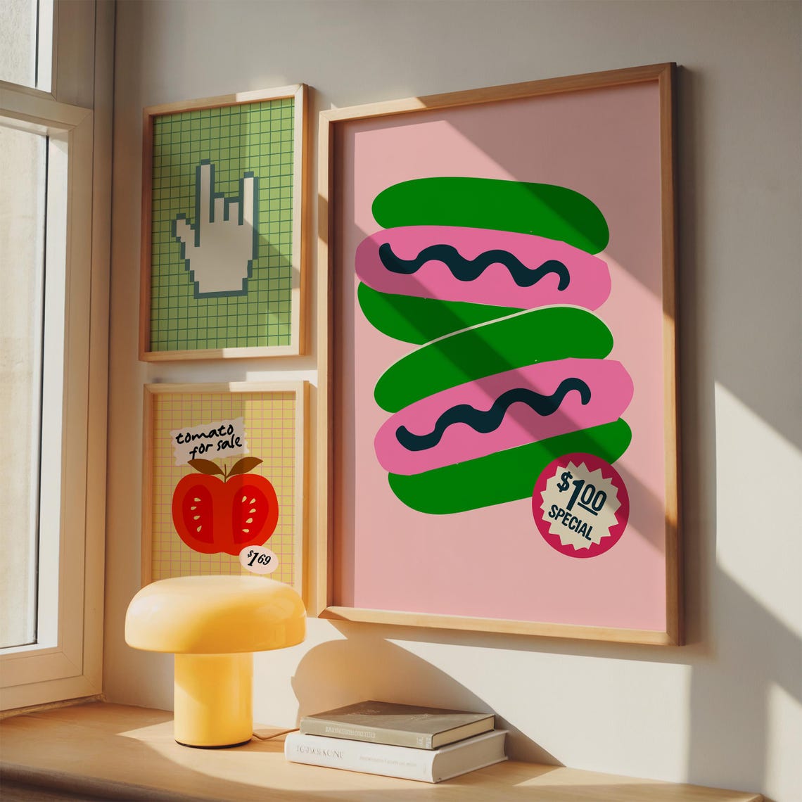 Retro Kitchen Print Set Tomato Pixel Hand Pink Green