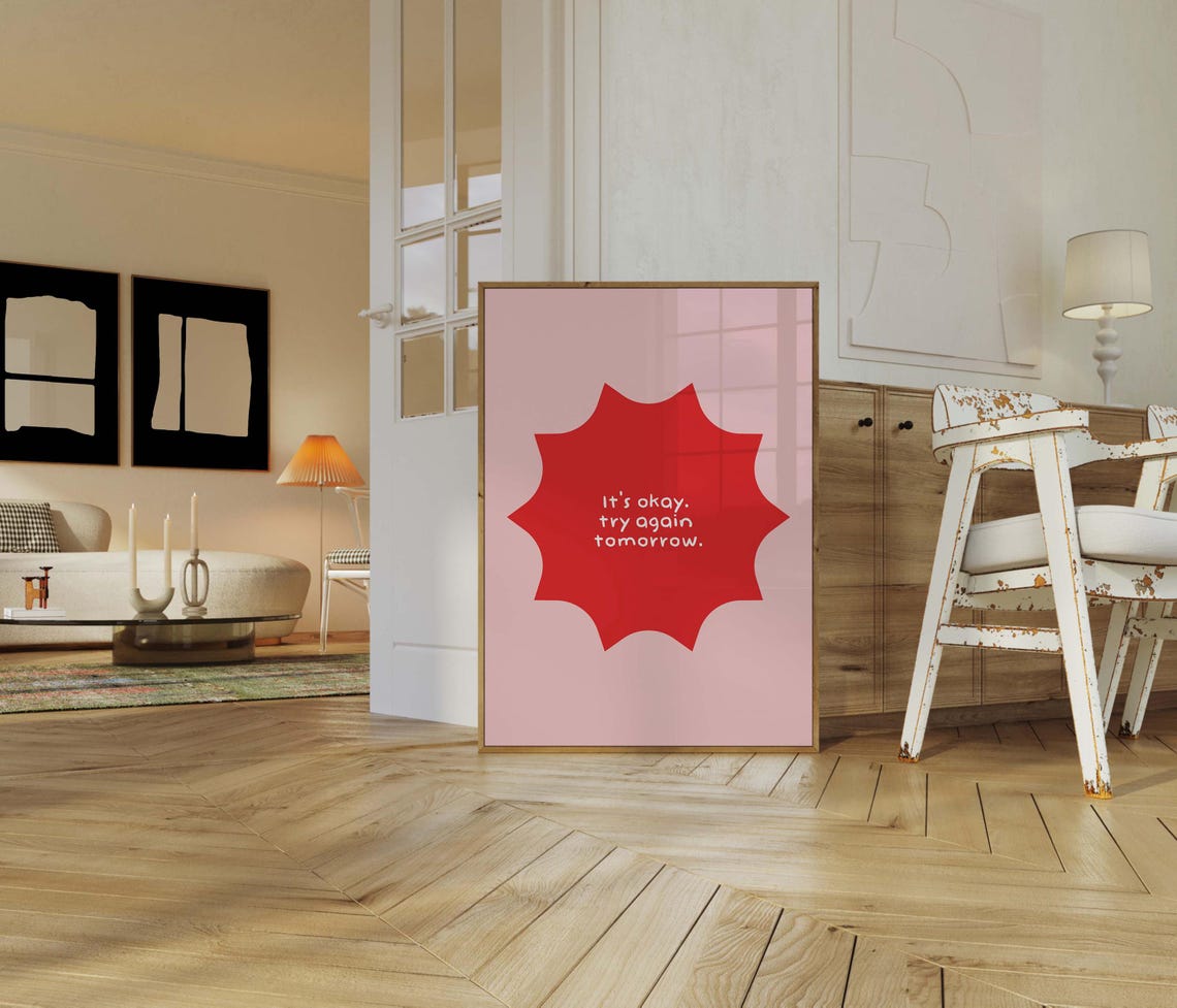 It's Okay Try Again Tomorrow Pink Red Sunburst Warm Quote Poster - Image 3