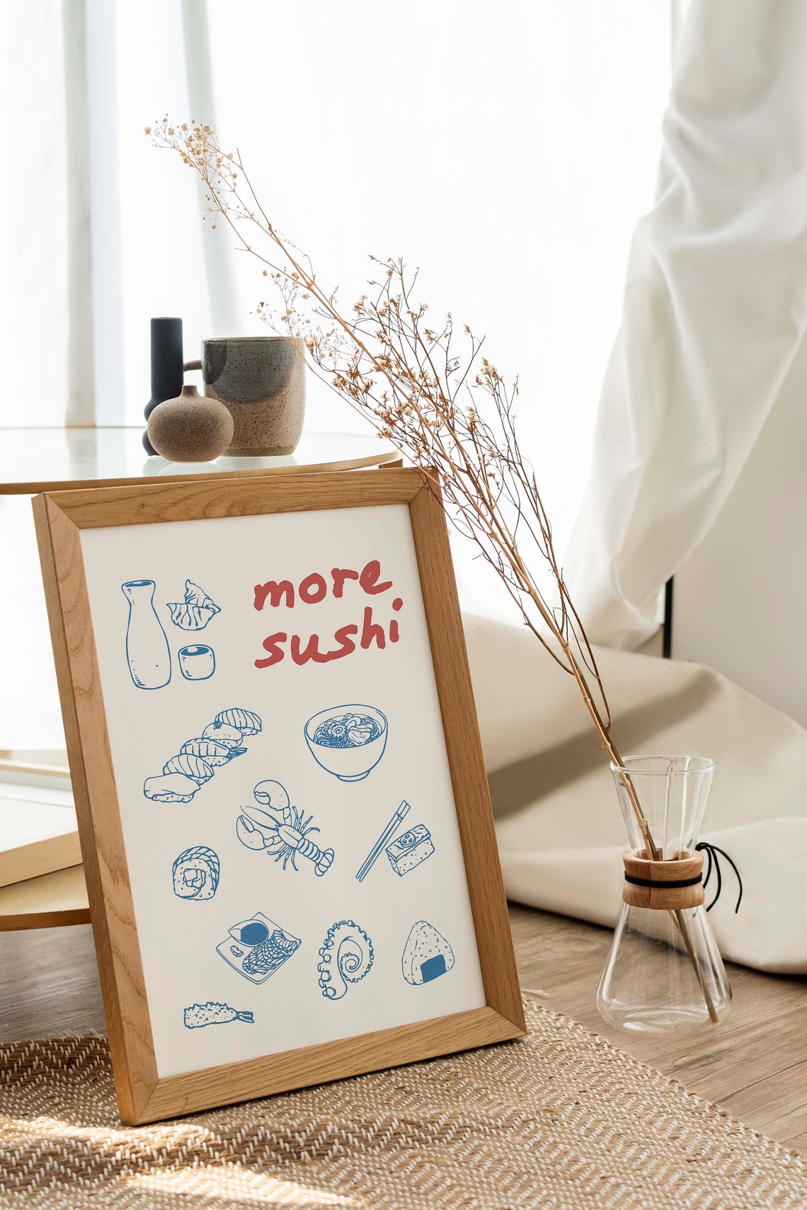 More Sushi Red Text Blue Japanese Food Line Art Kitchen Wall Poster - Image 3