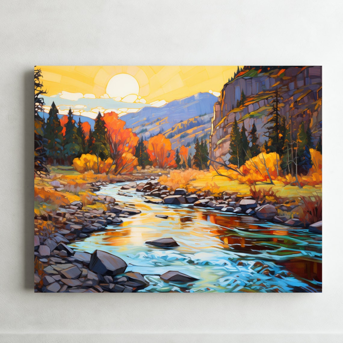 Neon River Original Abstract Impressionist Art Landscape Print On Wall Decor Living Room Boho Home Decor Western Style Art