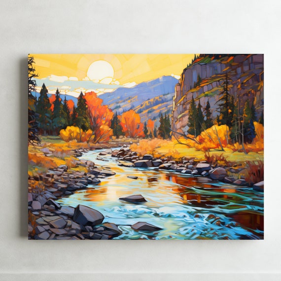 Neon River Original Abstract Impressionist Art Landscape Print On Wall Decor Living Room Boho Home Decor Western Style Art