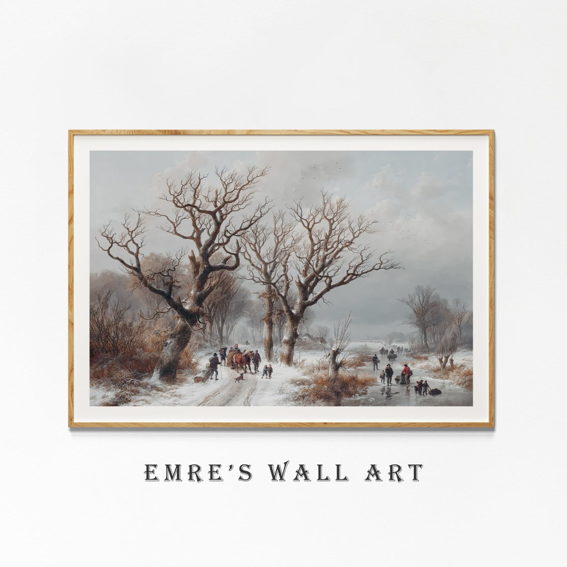 Bare Oak Trees Frozen Pond Winter Skaters Vintage Oil Painting Poster - Image 4