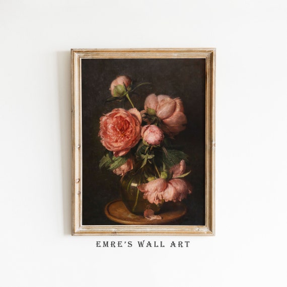 Vintage Moody Flower Painting Roses Wall Art Still Life Home Decor Antique Art