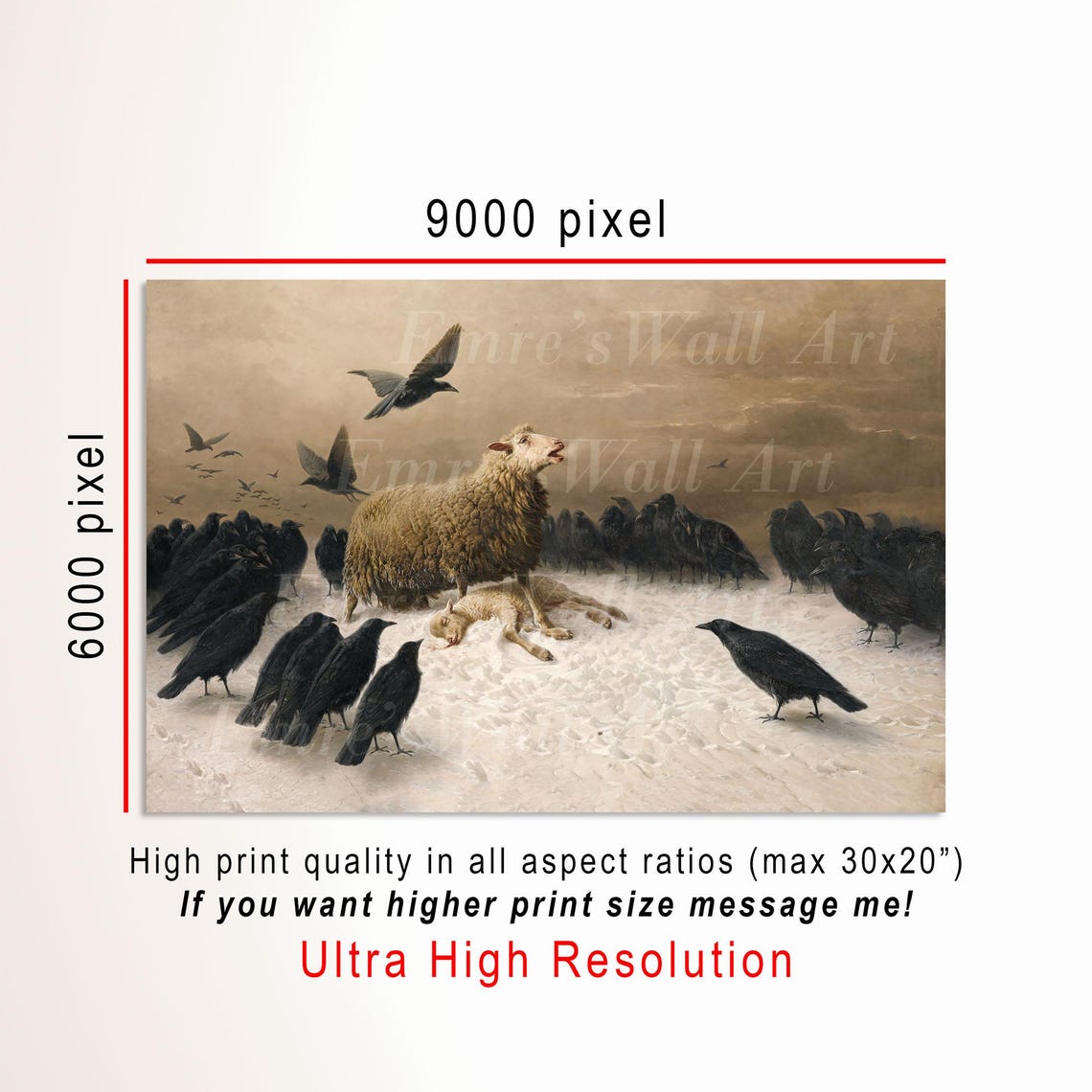 Sheep Protecting Lamb from Crows in Snow Vintage Oil Painting Poster - Image 3