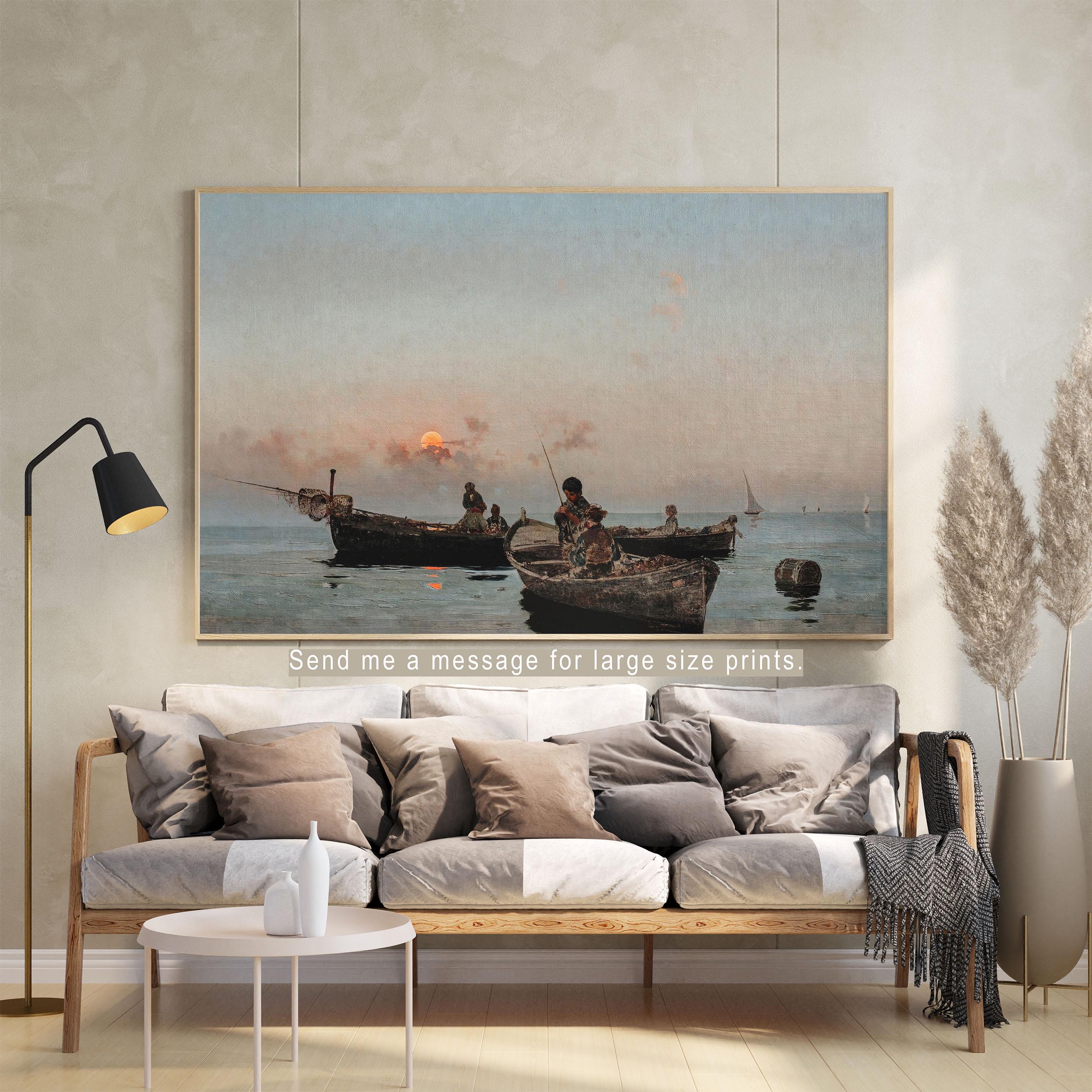 Fishing Boats at Sunset Vintage Seascape Orange Sun Ocean Painting Poster - Image 2