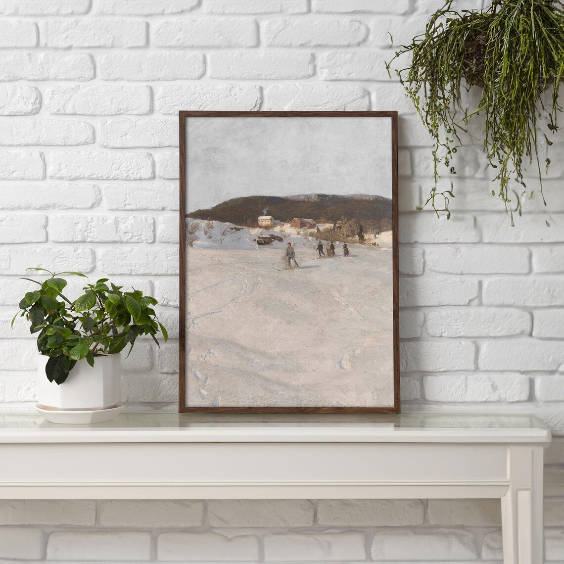 Vintage Skiers on Snowy Slope Red Cabins Winter Sport Painting Poster - Image 4