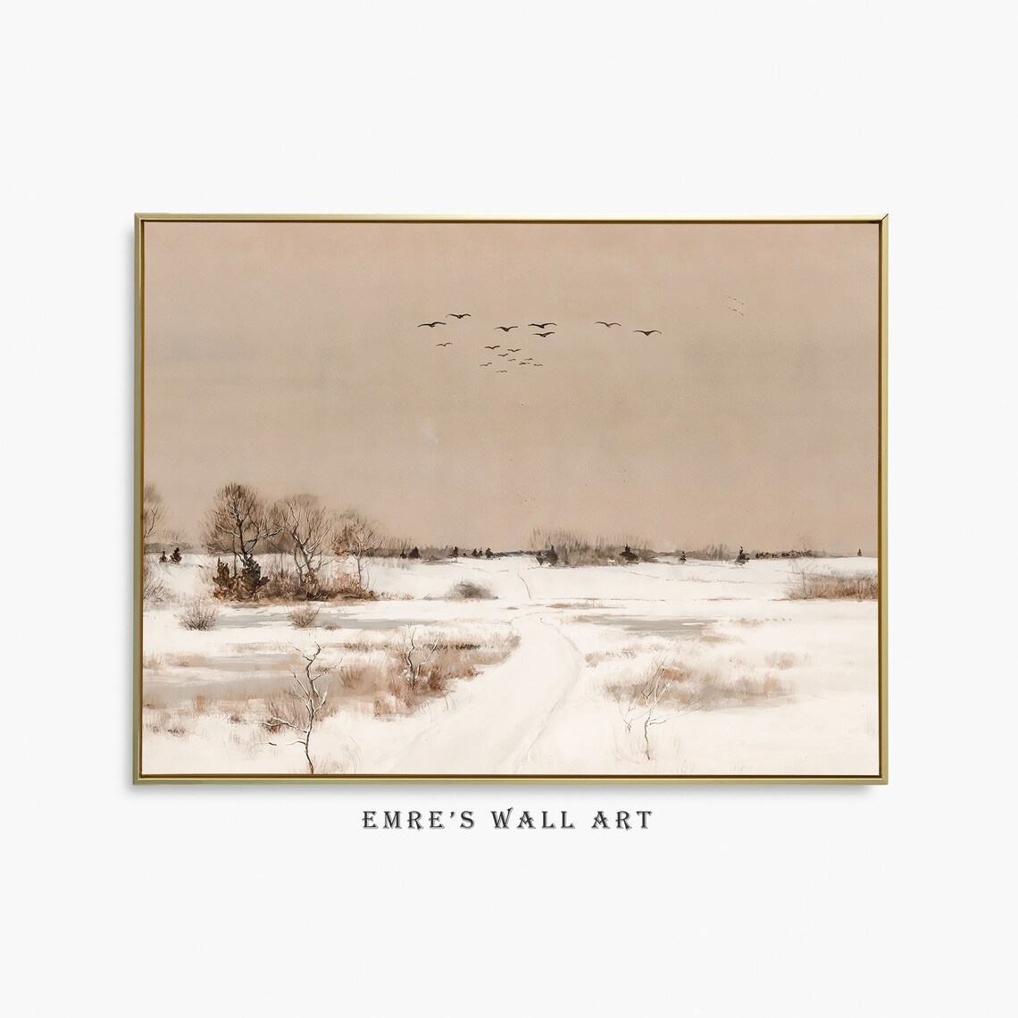 Vintage Winter Landscape Art Print, Rustic Farmhouse