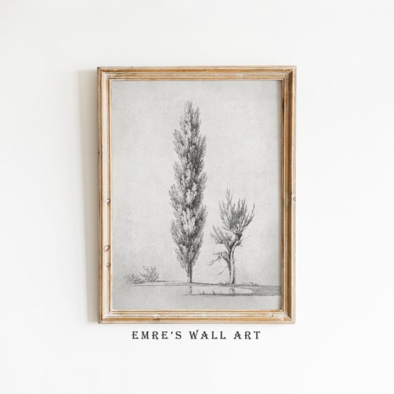 Antique Tree Sketch Art Vintage Landscape Drawing Neutral Sketch Art Vintage Tree Wall Decor Minimalist Landscape Sketch Art