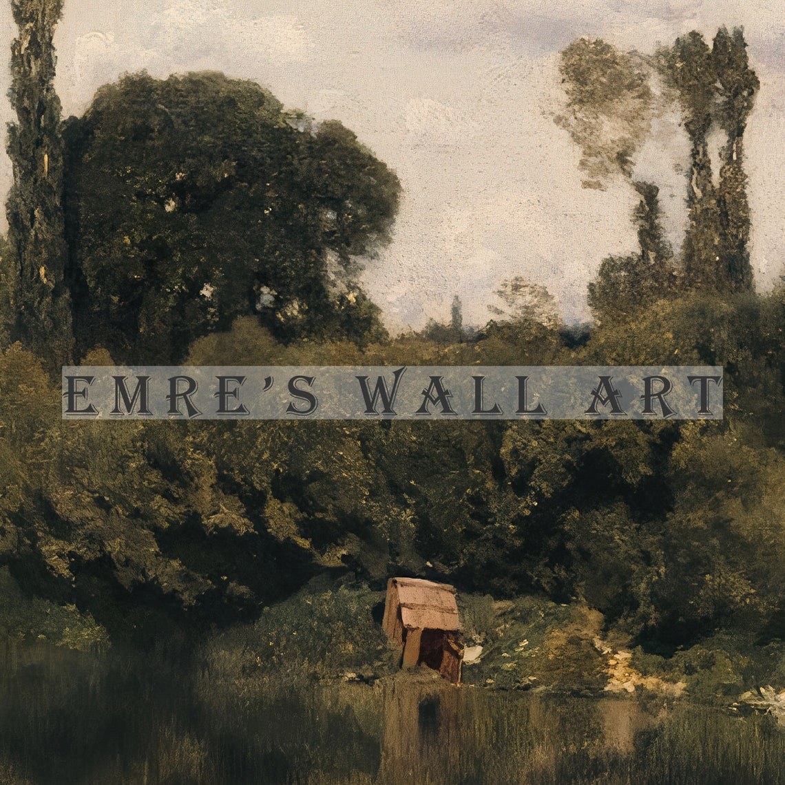River Trees Reflection Rowboat Tranquil Landscape Oil Painting Poster - Image 2