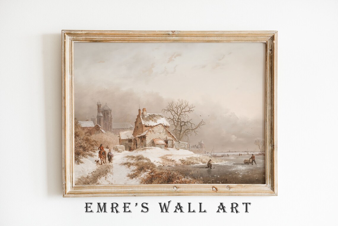 Dutch Winter Village Frozen River Skaters Vintage Oil Painting Poster - Image 2