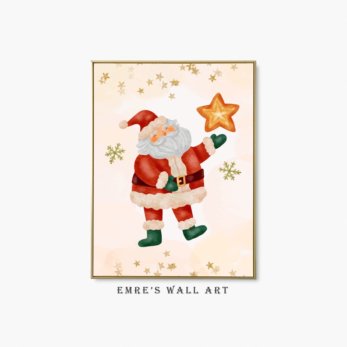 Santa Claus Tossing Star Cute Watercolor Christmas Holiday Poster