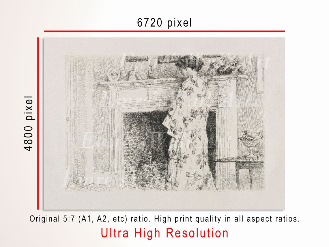 Woman By The Fireplace Antique Pencil Sketch Vintage Interior Print - Image 3