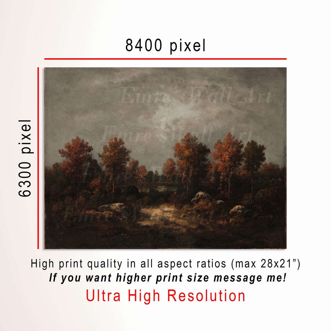 Moody Autumn Forest Pond Vintage Fall Landscape Dark Rustic Painting Print - Image 3