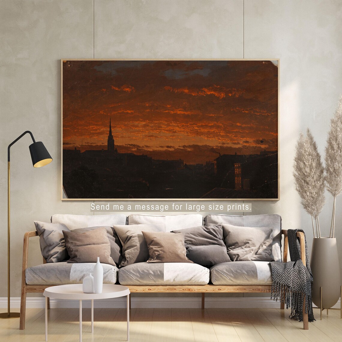 Dark City Skyline Fiery Sunset Vintage Church Steeple Evening Painting Print - Image 4