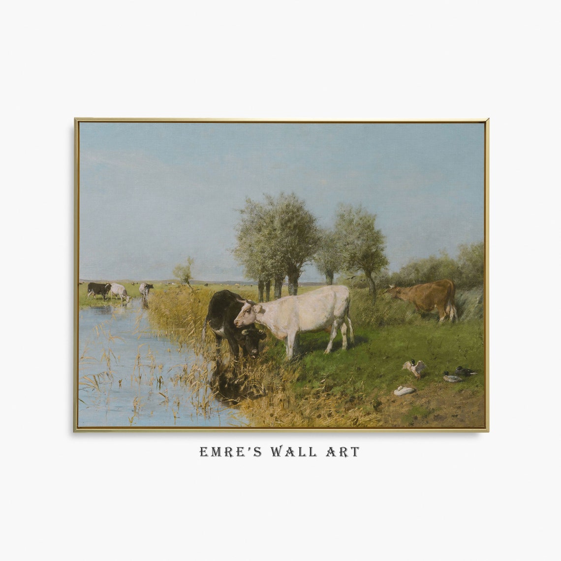 Cows Drinking at River Willows Pasture Vintage Farm Scene Poster