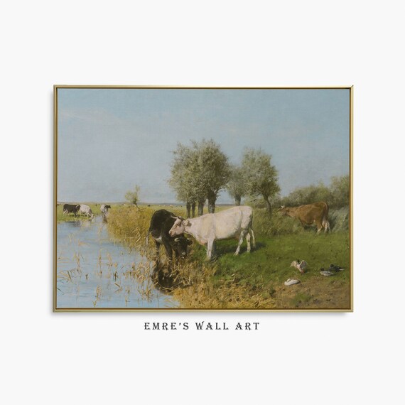 Cows Drinking at River Willows Pasture Vintage Farm Scene Poster