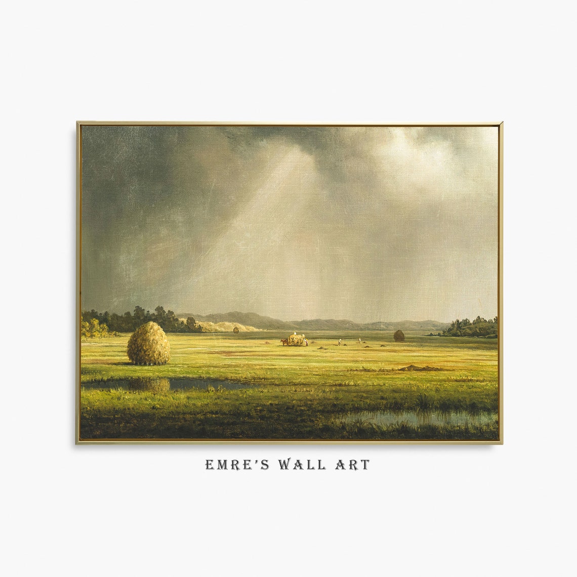Haystacks Field Sunbeams Moody Harvest Landscape Oil Painting Poster