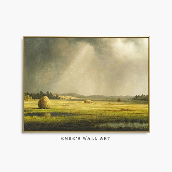 Vintage Harvest Field Painting Country Landscape Wall Art Green Rustic Farmhouse Wall Decor Retro Art