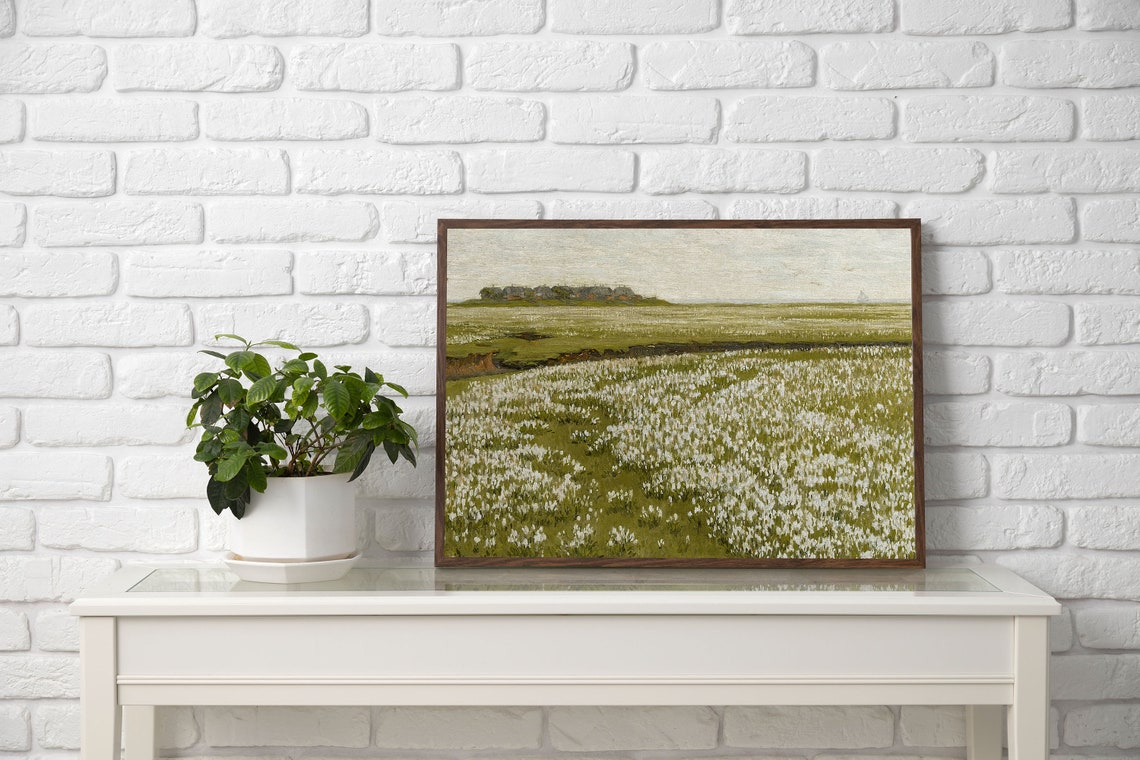 White Wildflower Field In Spring Bloom Vintage Landscape Poster - Image 2