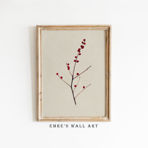 Red Berries Branch Minimal Winter Botanical Watercolor Art Print