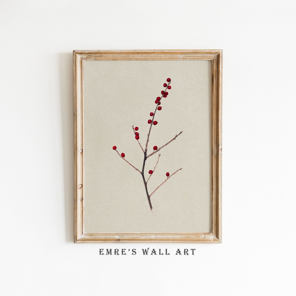 Red Berries Branch Minimal Winter Botanical Watercolor Art Print