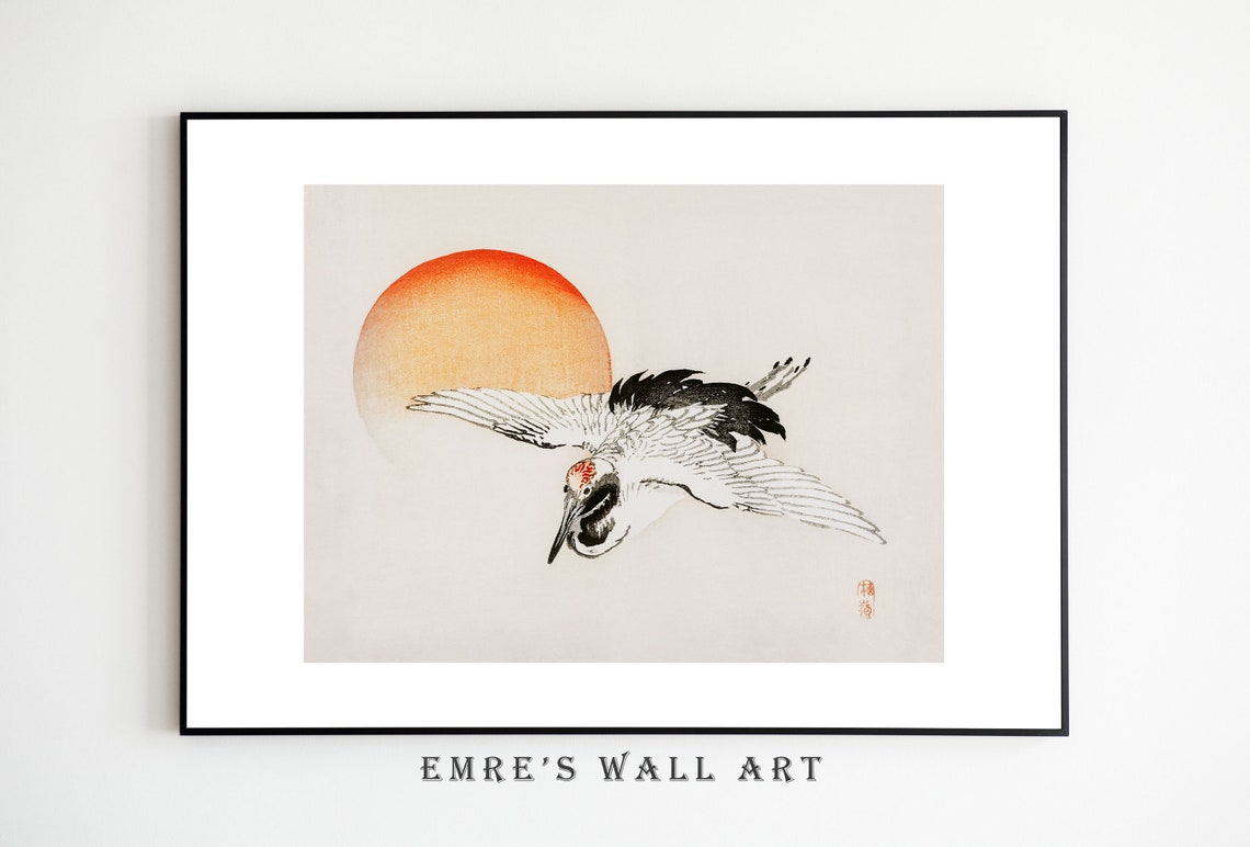 Flying Crane with Red Sun Japanese Vintage Bird Artwork Poster - Image 2