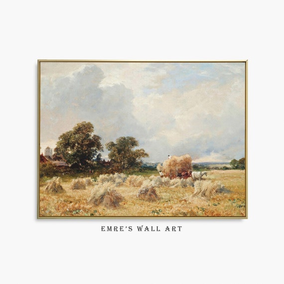 Vintage Hay Field Painting Harvest Oil Painting Landscape Farmhouse Wall Art Print Hay Field Landscape Print Vintage Country Farmhouse