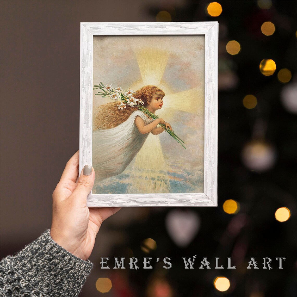 Vintage Christmas Angel Art Girl With White Lilies Golden Light Poster - Image 4