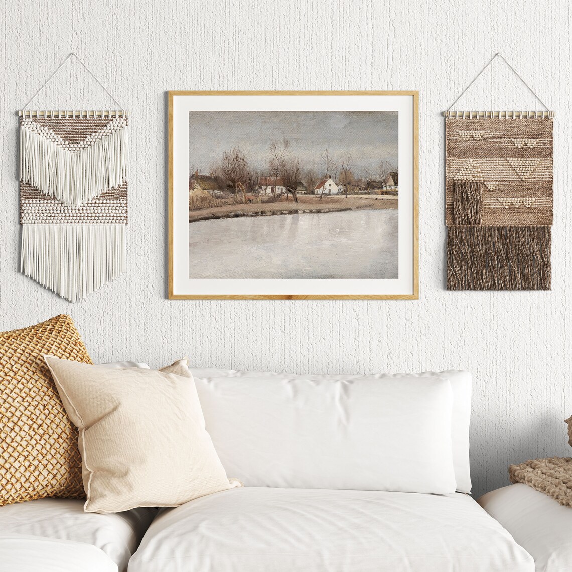 Vintage Village Pond Landscape Bare Trees Gray Sky Countryside Art Poster - Image 2