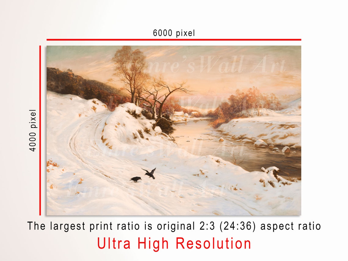 Vintage Winter Landscape Painting Snowy Wall Decor Vintage Sunset Landscape Oil Painting Winter Farmhouse Art Print - Image 3