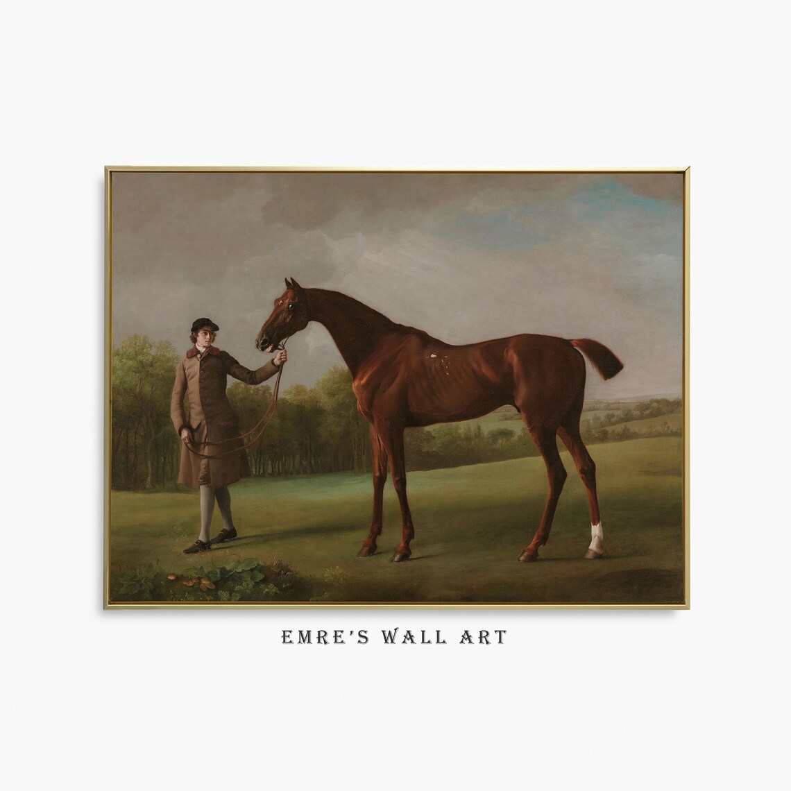 Bay Horse Held by Groom Vintage Equestrian Oil Painting Poster